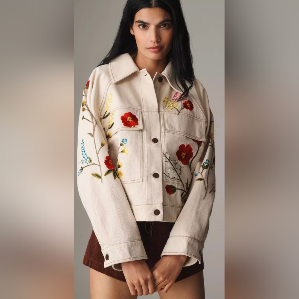 Anthropologie Limited Edition Cream Floral Embroidered Jean Jacket - Picture 1 of 16